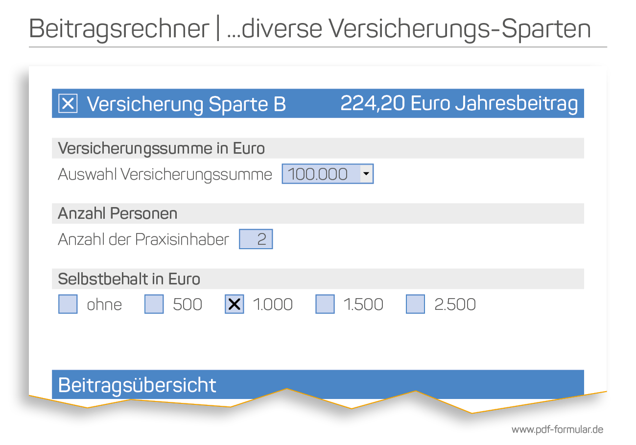 PDF Formulare für Versicherungen | Diverse Sparten/Versicherungprodukte werden in einem selbstrechnenden PDF kalkuliert