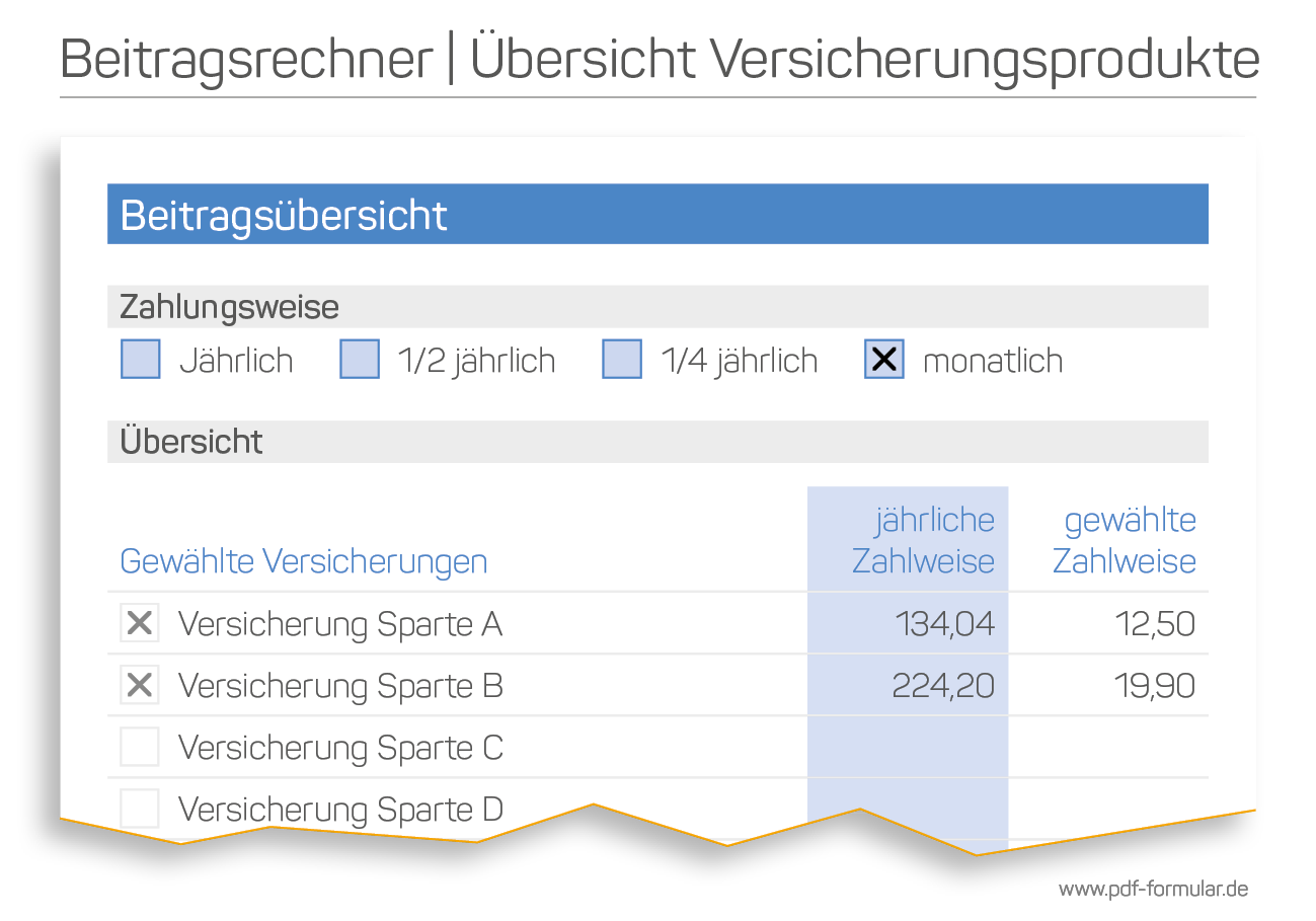 PDF Formulare für Versicherungen | Übersicht der gewählten Versicherungssparten